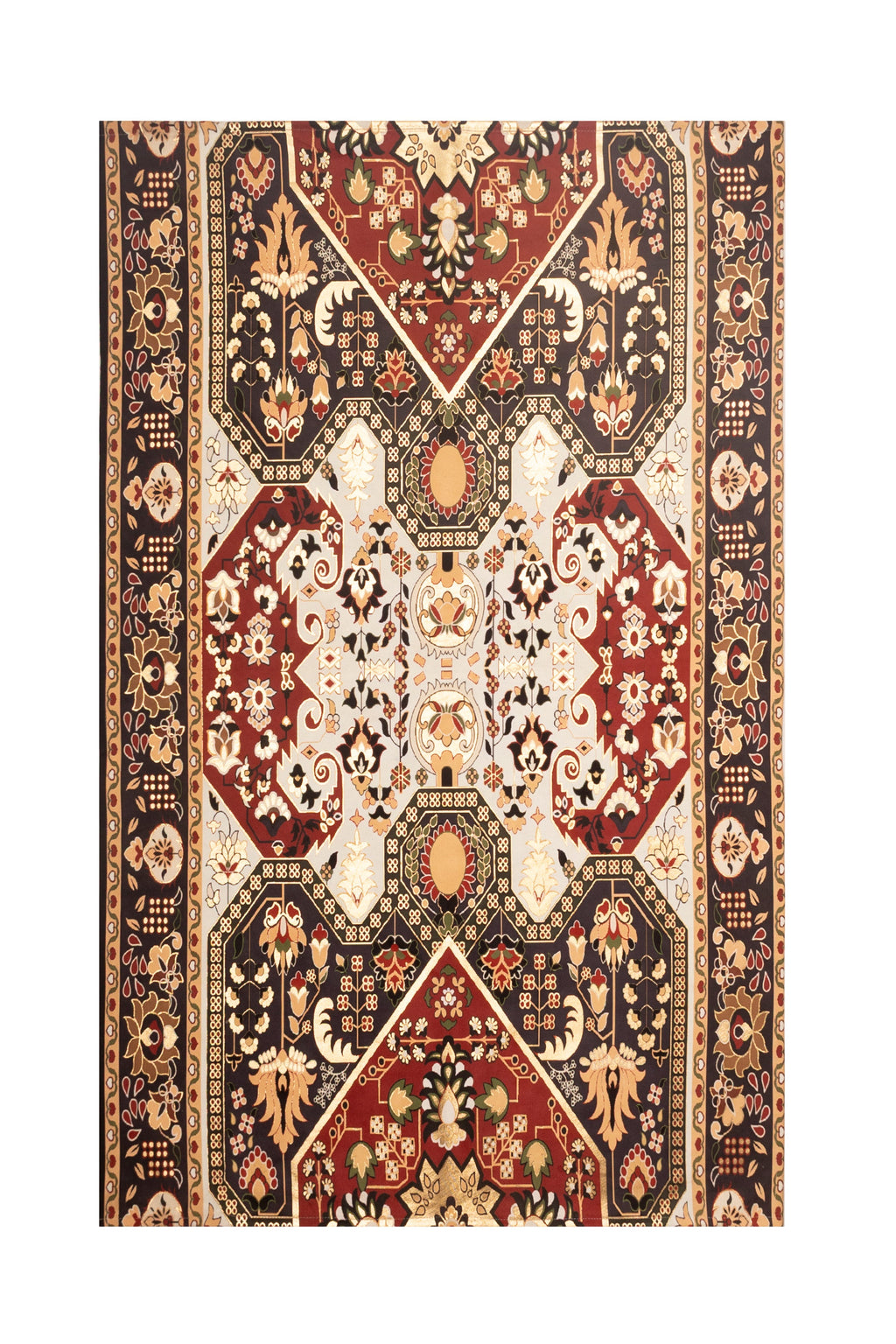 Decorative rug with intricate patterns on a white background