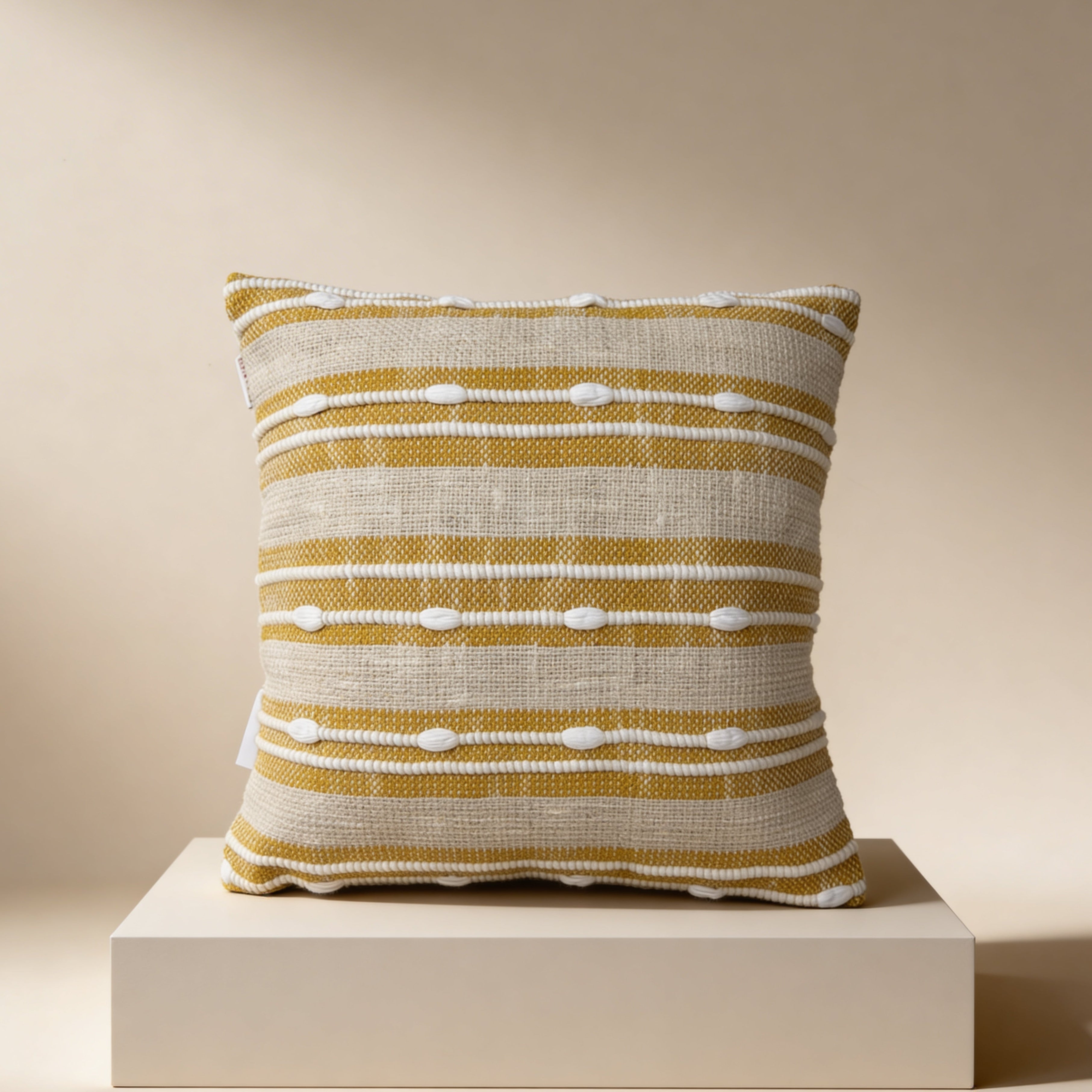 Decorative pillow with yellow and white stripes on a beige background